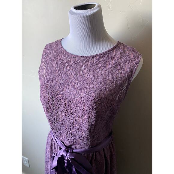 Tevolio Purple Lace Knee Length Tie Waist Sleeveless Dress- Size 6 (has pockets) - Picture 8 of 10